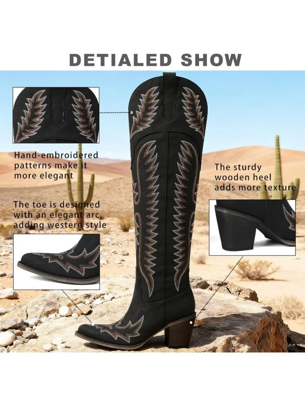 Women's Black Embroidered Pointed Toe Western Cowgirl Over The Knee High Boots